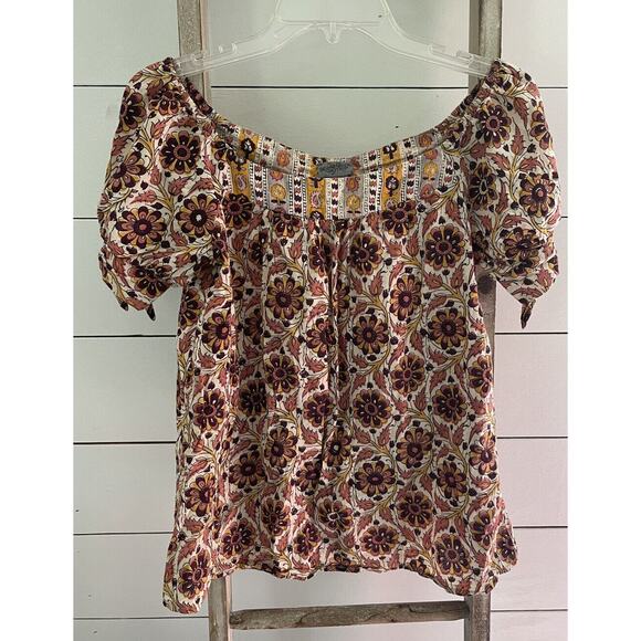 Daytrip Women’s Floral Printed Tie Short Sleeve Top Fall Floral Blouse Medium - Picture 1 of 6